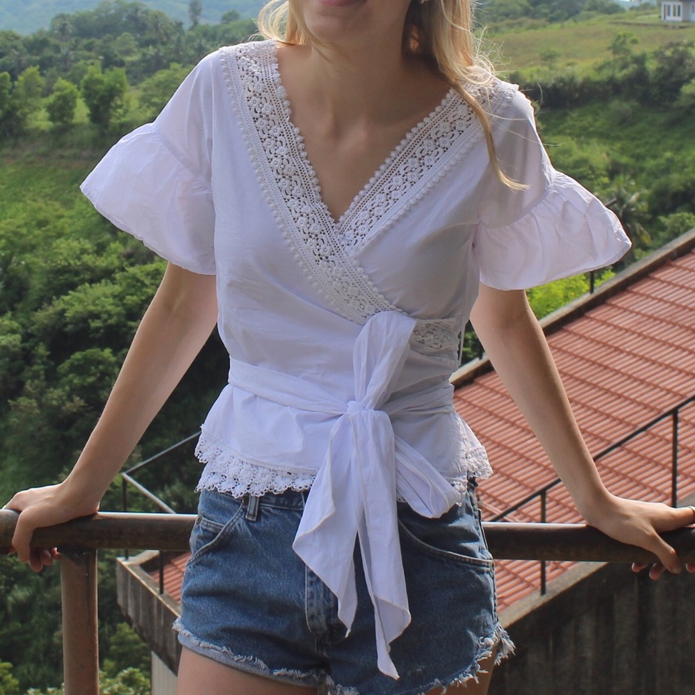 White Lace Tie Wrap Top